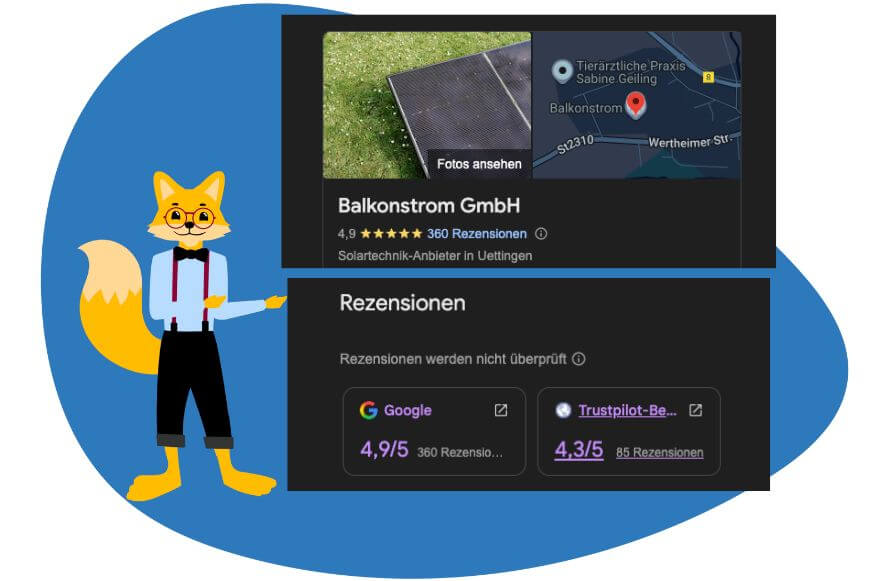 Übersicht der Google-Bewertungen zu Balkonstrom auf einen Blick, 360 Bewertungen, 4,9 von 5 Sternen.